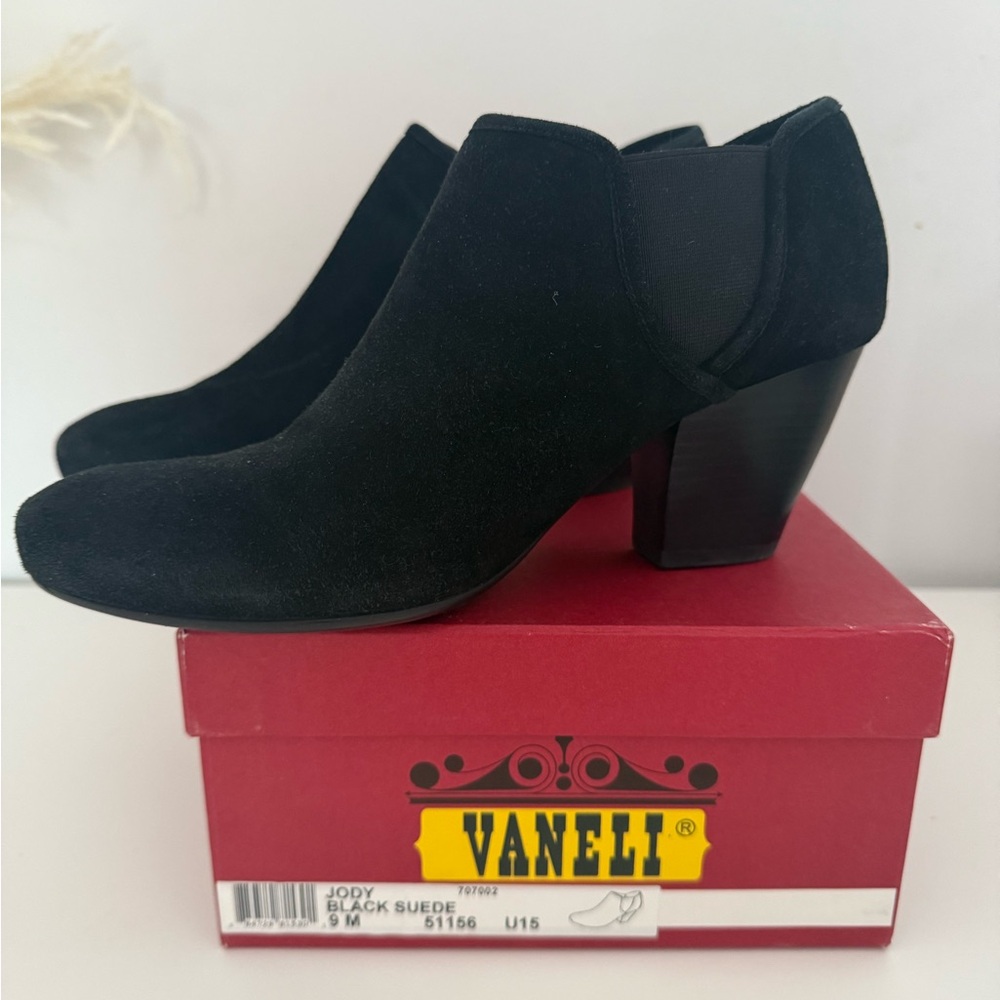 Vaneli Black Suede Ankle Booties